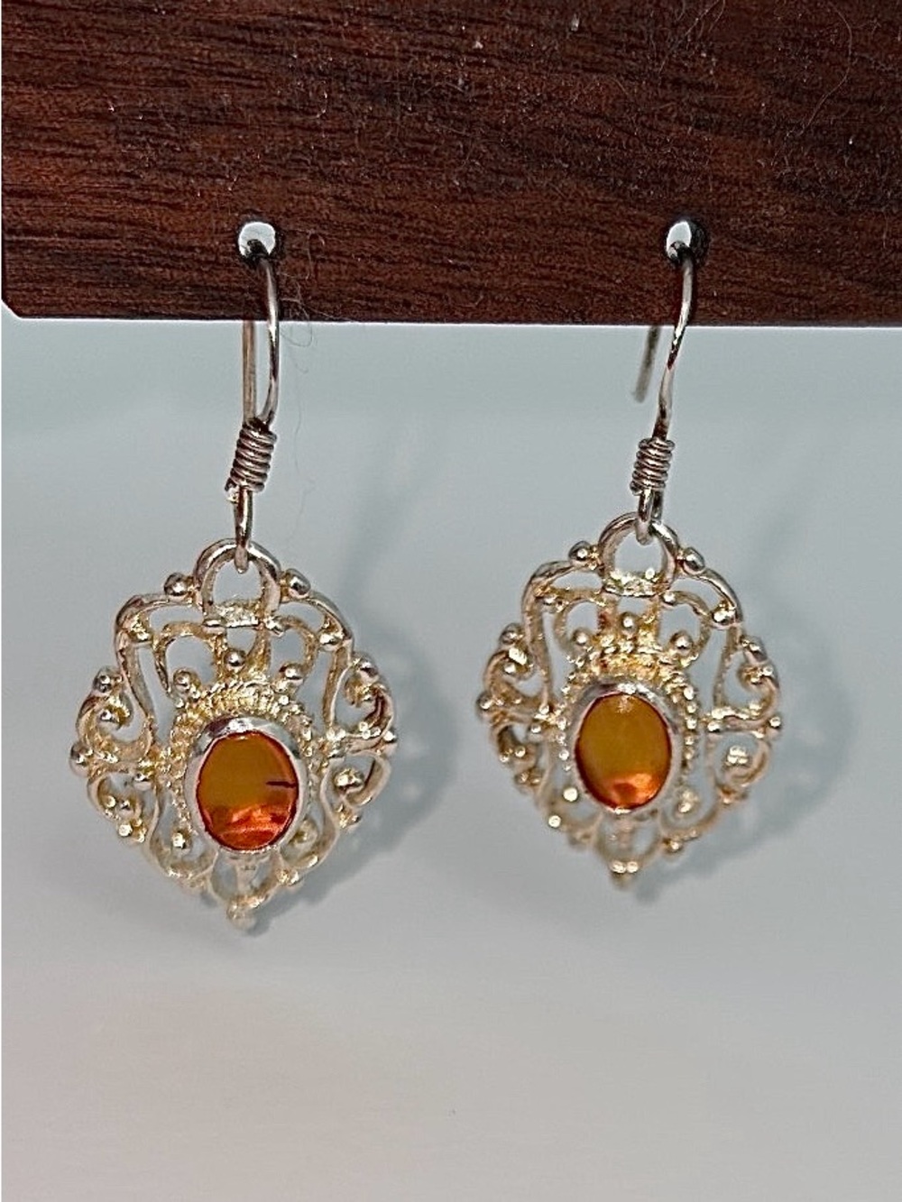 Vintage Sterling Silver and Amber Earrings, Victorian Revival, Sourced in the UK